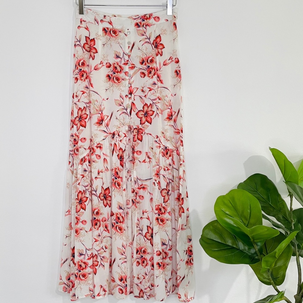 FLYING TOMATO Boho Floral Ruffle Maxi Skirt Off White Red